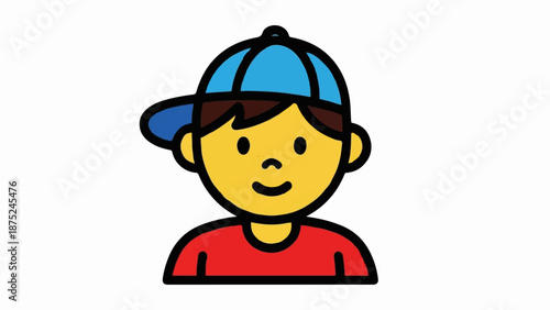 A cartoon boy with a blue cap, red shirt, and yellow face smiles