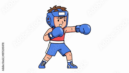 A cartoon boxer in blue gear, gloves, and headgear, throws a punch