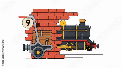 A cartoon brick wall obstructs a vintage steam train and luggage cart