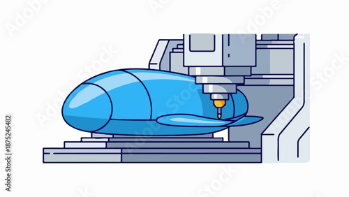 A blue, streamlined object is being shaped by a robotic arm and cutting tool