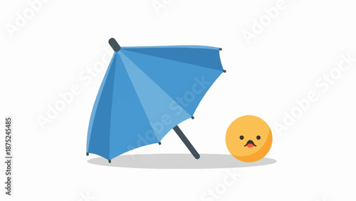 A blue umbrella is open, casting a shadow, next to a sad yellow smiley face icon