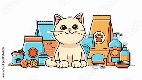 A cartoon cat sits in front of various pet supplies, including food bags and grooming tools