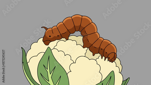 A cartoon caterpillar crawls on a cauliflower