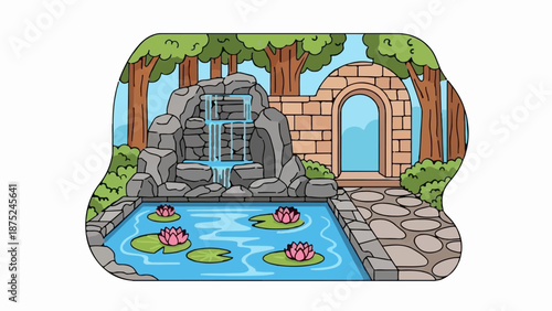 A charming garden scene with a cascading waterfall, lily pond, stone archway, and forest backdrop