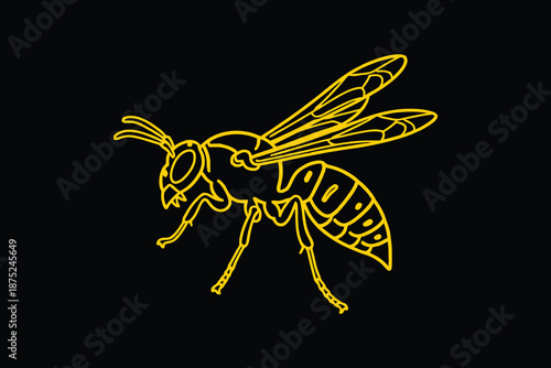 Yellow outlined illustration of a wasp in flight on a black background