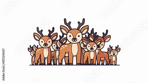 A charming group of cartoon deer, both adults and fawns, stand together