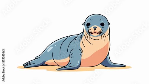 A charming illustration of a cute, cartoonish sea lion resting on a sandy shore
