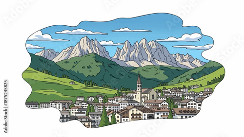 A charming village nestled amidst rolling green hills with a majestic mountain range backdrop