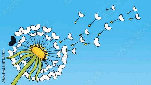 A cartoon dandelion with seeds blowing away on a clear blue sky background
