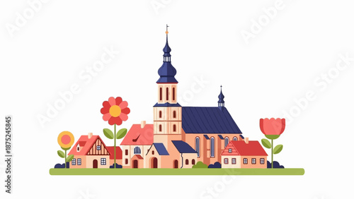 A charming village scene with a prominent church and cozy houses, adorned by vibrant flowers