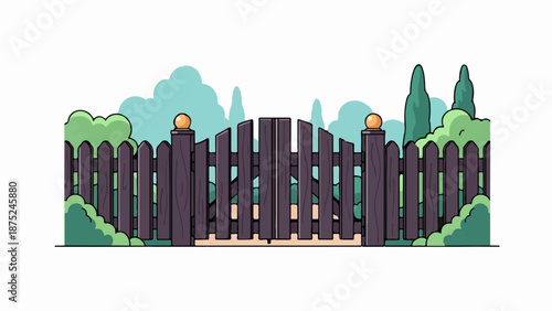 A charming wooden gate with rounded finials, framed by lush green bushes and trees under a pale blue sky