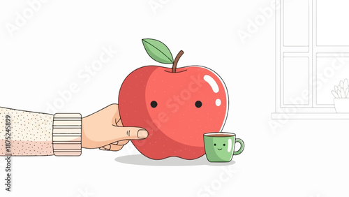 A cheerful apple with black eyes and a green leaf on a stem sits beside a smiling green coffee cup