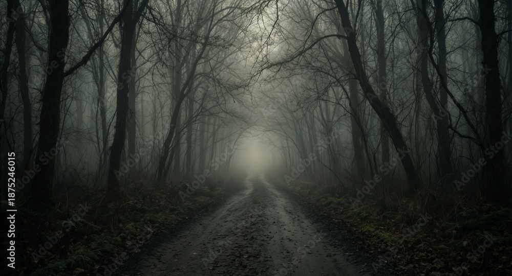 Fototapeta premium misty forest road leading into dense woods with bare trees on a gloomy day.