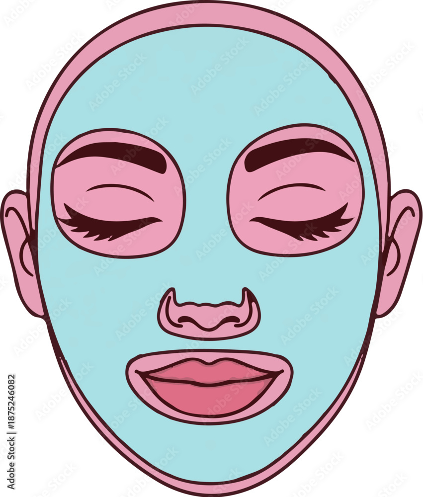 Fototapeta premium A cartoon face wearing a light blue face mask with pink skin