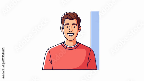 A cheerful, brown-haired man in a coral sweater stands with a friendly smile, against a plain background with a blue partition