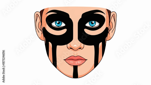 A cartoonish face with bright blue eyes, wearing bold black face paint and dark hair