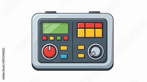 A cartoonish digital device with a green screen, buttons, and knobs