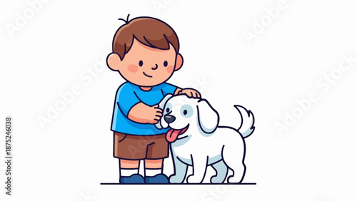 A cheerful boy in a blue shirt and brown shorts gently pets a happy white puppy