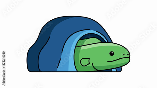 A cartoon eel with green skin peeks out from under a blue blanket