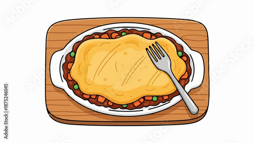 A cartoonish illustration of a savory pie with mashed potato topping, fork, and vegetables