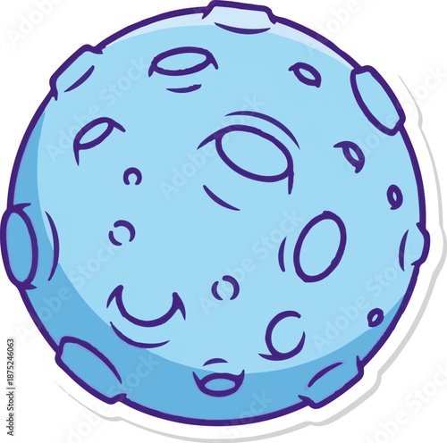 A cartoonish, light blue planet with purple craters and a happy expression