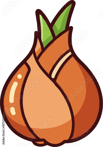 A cartoonish illustration of an onion with green sprouts emerging from its top