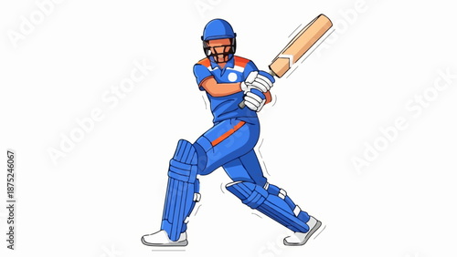 A cartoon figure of a cricketer in full protective gear, mid-swing with a bat