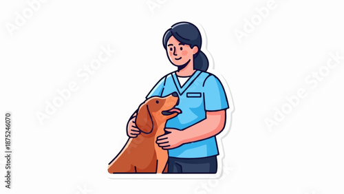 A cheerful caregiver gently embraces a happy dog in a loving moment