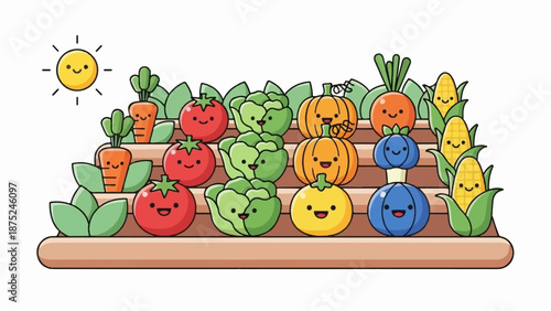 A cheerful cartoon garden displays smiling vegetables and fruit under a happy sun