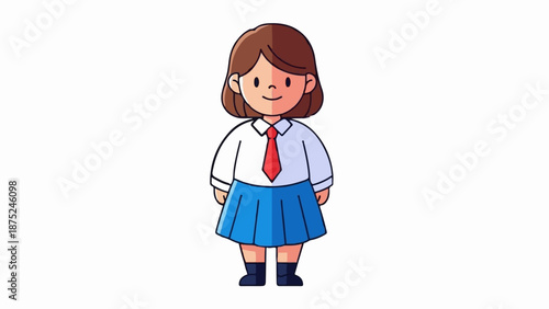 A cheerful cartoon girl in a school uniform stands looking forward
