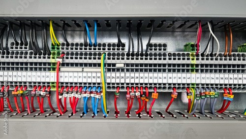 Photography Intricate wiring and terminal blocks within an industrial electrical control panel, showcasing organized cable management and electrical connections
