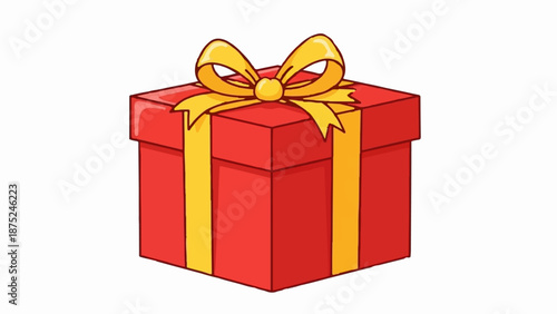 A cartoonish red gift box with a bright yellow ribbon tied in a bow