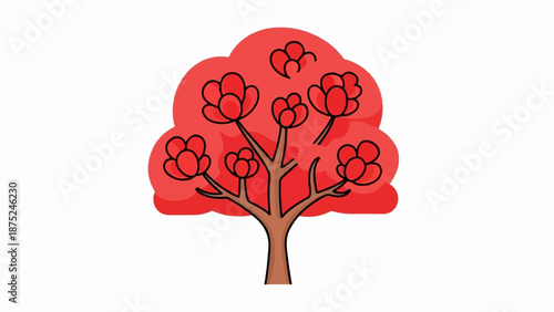 A cartoonish red tree with stylized blossoms and a brown trunk against a white background