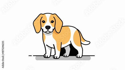 A cheerful, cartoon-style puppy with brown and white patches stands on a minimalist background
