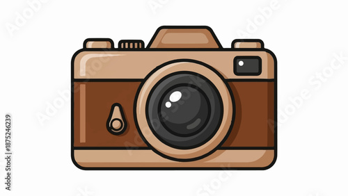 A cartoonish retro camera, brown and tan, with a large black lens