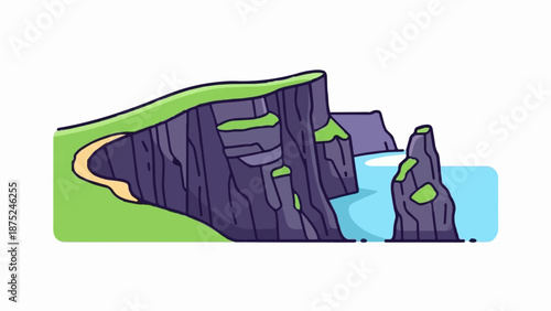 A cartoonish scene of purple cliffs and green grassy hills meet a bright blue sea