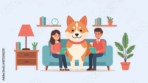 A cheerful dog sits between two people on a couch, holding clipboards