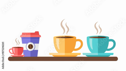 A collection of hot beverages in colorful cups and a takeaway container on a shelf
