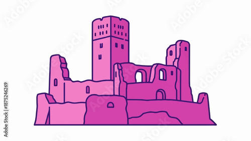 A cartoonish, simplified drawing of ancient castle ruins, in shades of pink