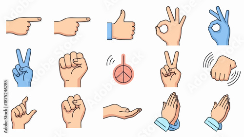 A collection of human hand gestures for communication, including pointing, approval, and peace signs