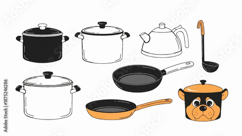 A collection of kitchenware, including pots, pans, a kettle, ladle, and a dog-faced pot