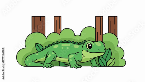 A cheerful green reptile with a spiked back peeks out from lush green bushes