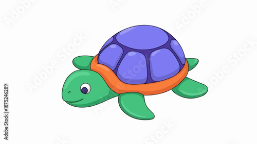 A cheerful green turtle with a purple and orange shell walks on a white background