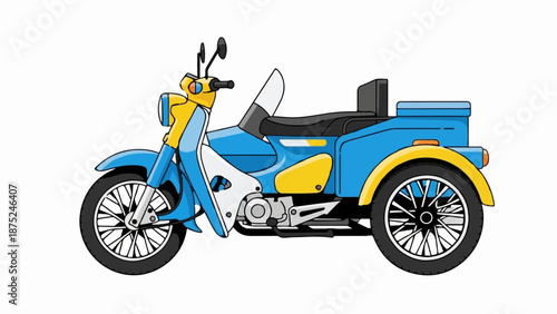 A cartoon-style blue and yellow three-wheeled vehicle with a seat and storage