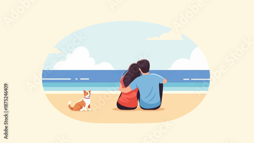 A couple and dog on a beach, facing the ocean