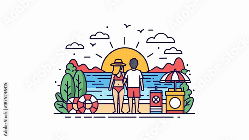 A couple enjoys a sunset on a beach with trees, a life preserver, and a beach umbrella