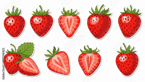 A collection of ripe, red strawberries, whole and halved, with green stems and leaves
