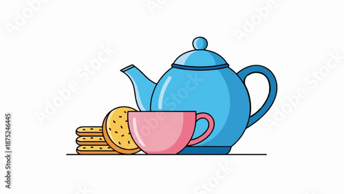 A cartoon-style blue teapot, pink teacup, and stack of cookies sit on a surface