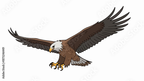 A cartoon-style brown eagle with white head and yellow beak and claws soars