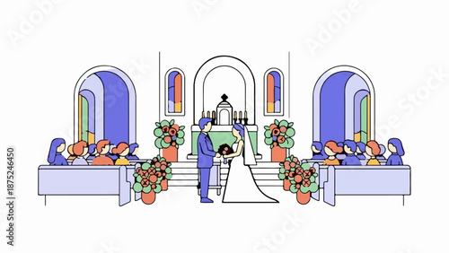 A couple exchanges vows in a stylized church ceremony, with guests seated on either side